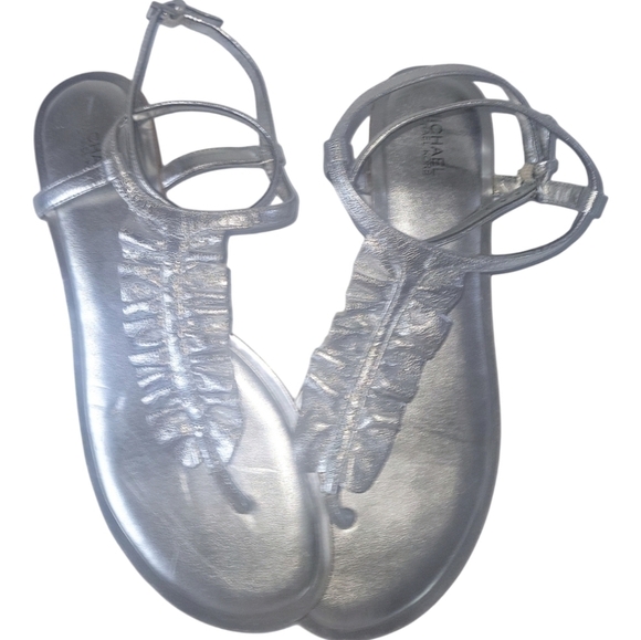 Michael Kors Silver Leather Bella Wrinkled Adjustable Ankle Strap Sandals 8M - Picture 2 of 8